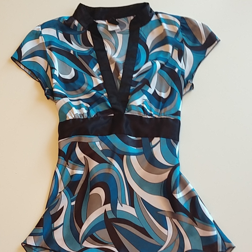 Blue, Silver, and Black Fit and Flare Silk Top